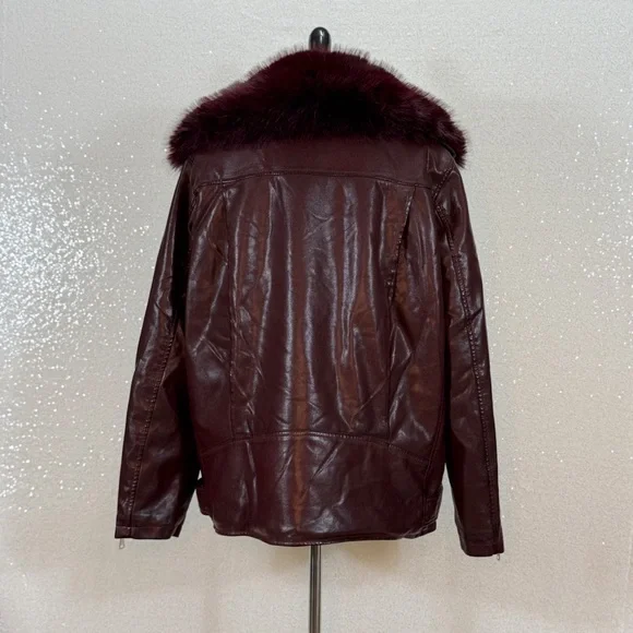 Azalea Wang Aurelia Faux Leather Moto Jacket XL Burgundy Faux Fur Collar NWT - Picture 7 of 16